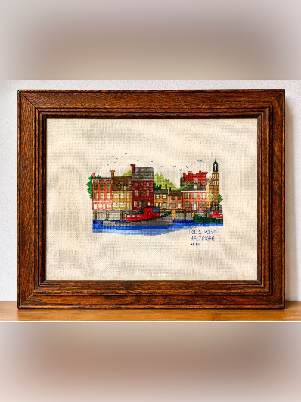 Vintage Framed Cross-stitch Fells Point Baltimore Harbor Scene